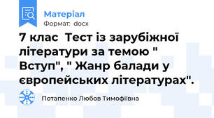 7 клас  Тест із зарубіжної літератури за темою " Вступ", " Жанр балади у європейських літературах".