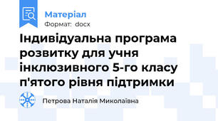 Індивідуальна програма розвитку для учня інклюзивного 5-го класу п'ятого рівня підтримки