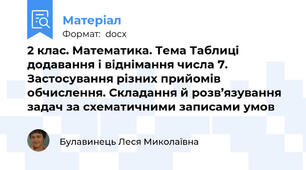 2 клас. Математика. Тема Таблиці додавання і віднімання числа 7. Застосування різних прийомів обчислення. Складання й розв’язування задач за схематичними записами умов