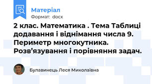 2 клас. Математика . Тема Таблиці додавання і віднімання числа 9. Периметр многокутника. Розв’язування і порівняння задач.