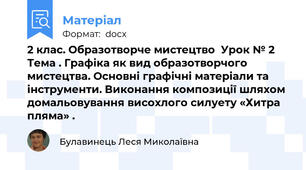 2 клас. Образотворче мистецтво  Урок № 2 Тема . Графіка як вид образотворчого мистецтва. Основні графічні матеріали та інструменти. Виконання композиції шляхом домальовування висохлого силуету «Хитра пляма» .