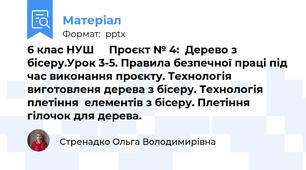 6 клас НУШ     Проєкт № 4:  Дерево з бісеру.Урок 3-5. Правила безпечної праці під час виконання проєкту. Технологія виготовленя дерева з бісеру. Технологія плетіння  елементів з бісеру. Плетіння гілочок для дерева.
