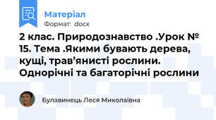 2 клас. Природознавство .Урок № 15. Тема .Якими бувають дерева, кущі, трав’янисті рослини. Однорічні та багаторічні рослини