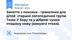 Заняття з лексики - граматики для дітей  старшої логопедичної групи  Тема: У бору та у діброві чуємо пташину мову (зимуючі птахи).