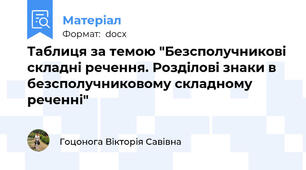 Таблиця за темою "Безсполучникові складні речення. Розділові знаки в безсполучниковому складному реченні"