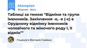 Таблиці за темою "Відміни та групи іменників. Закінчення -о, -е (-є) в Орудному відмінку іменників чоловічого та жіночого роду І, ІІ відмін""