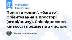 Поняття «один", «багато". Орієнтування в просторі (вгорі/внизу). Співвіднесення кількості предметів з числом.