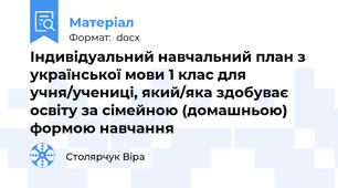 Індивідуальний навчальний план з української мови 1 клас для учня/учениці, який/яка здобуває освіту за сімейною (домашньою)  формою навчання