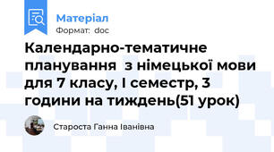 Календарно-тематичне планування  з німецької мови для 7 класу, І семестр, 3 години на тиждень(51 урок)