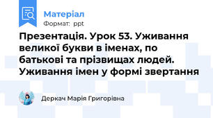 Презентація. Урок 53. Уживання великої букви в іменах, по батькові та прізвищах людей. Уживання імен у формі звертання
