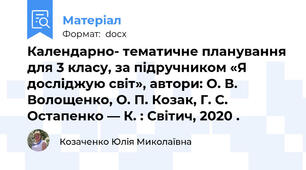 Календарно- тематичне планування для 3 класу, за підручником «Я досліджую світ», автори: О. В. Волощенко, О. П. Козак, Г. С. Остапенко — К. : Світич, 2020 .