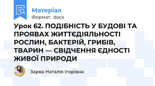 Урок 62. ПОДІБНІСТЬ У БУДОВІ ТА ПРОЯВАХ ЖИТТЄДІЯЛЬНОСТІ РОСЛИН, БАКТЕРІЙ, ГРИБІВ, ТВАРИН — СВІДЧЕННЯ ЄДНОСТІ ЖИВОЇ ПРИРОДИ