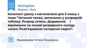 Конспект уроку з математики для 3 класу з теми "Читання чисел, записаних у розрядній таблиці. Розряд сотень. Додавання     і віднімання на основі розрядного складу чисел. Розв’язування складеної задачі".