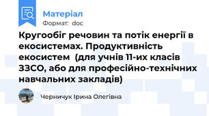 Кругообіг речовин та потік енергії в екосистемах. Продуктивність екосистем  (для учнів 11-их класів ЗЗСО, або для професійно-технічних навчальних закладів)