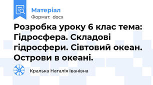 Розробка уроку 6 клас тема: Гідросфера. Складові гідросфери. Сівтовий океан. Острови в океані.