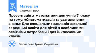 Презентація з  математики для учнів 7 класу на тему: «Систематизація та узагальнення знань» Для спеціальних закладів загальної середньої освіти для дітей з особливими освітніми потребами і для інклюзивних класів.