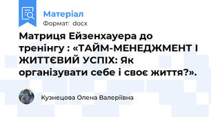 Матриця Ейзенхауера до тренінгу : «ТАЙМ-МЕНЕДЖМЕНТ І ЖИТТЄВИЙ УСПІХ: Як організувати себе і своє життя?».