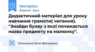 Дидактичний матеріал для уроку навчання грамоти( читання). "Знайди букву з якої починається назва предмету на малюнку".