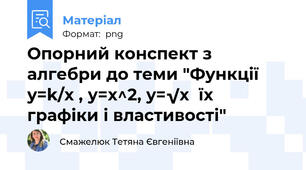 Опорний конспект з алгебри до теми "Функції y=k/x , у=x^2, y=√x  їх графіки і властивості"