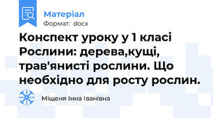 Конспект уроку у 1 класі  Рослини: дерева,кущі, трав'янисті рослини. Що необхідно для росту рослин.