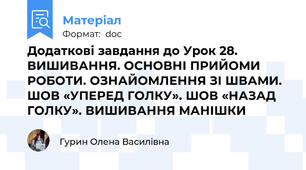 Додаткові завдання до Урок 28. ВИШИВАННЯ. ОСНОВНІ ПРИЙОМИ РОБОТИ. ОЗНАЙОМЛЕННЯ ЗІ ШВАМИ. ШОВ «УПЕРЕД ГОЛКУ». ШОВ «НАЗАД ГОЛКУ». ВИШИВАННЯ МАНІШКИ