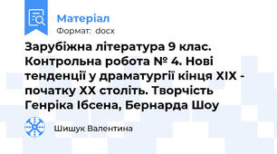 Зарубіжна література 9 клас. Контрольна робота № 4. Нові тенденції у драматургії кінця ХІХ - початку ХХ століть. Творчість Генріка Ібсена, Бернарда Шоу