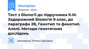 Тест з біології до підручника К.М. Задорожний Біологія 9 клас, до параграфа 28, Генотип та фенотип. Алелі. Методи генетичних дослідень