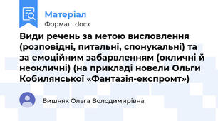 Види речень за метою висловлення (розповідні, питальні, спонукальні) та за емоційним забарвленням (окличні й неокличні) (на прикладі новели Ольги Кобилянської «Фантазія-експромт»)
