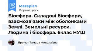 Біосфера. Складові біосфери, взаємозв’язки між оболонками Землі. Земельні ресурси. Людина і біосфера. 6клас НУШ