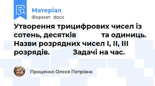 Утворення трицифрових чисел із сотень, десятків             та одиниць. Назви розрядних чисел І, ІІ, ІІІ розрядів.            Задачі на час.