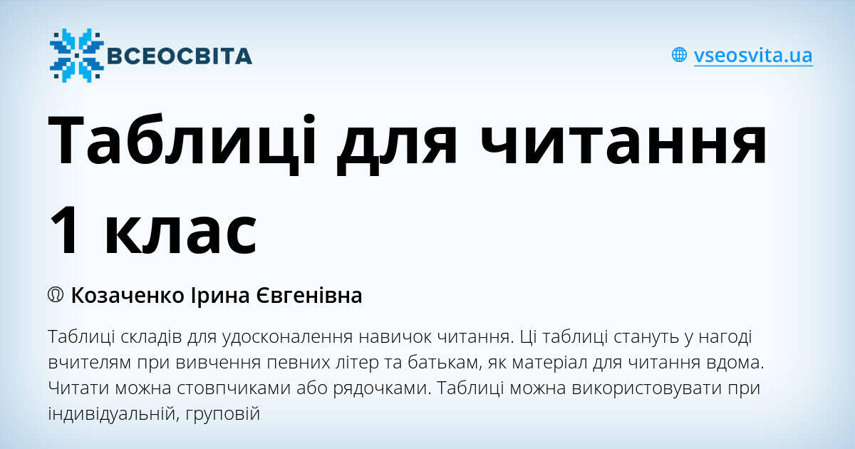 Таблиці для читання 1 клас | Інші методичні матеріали. Різне