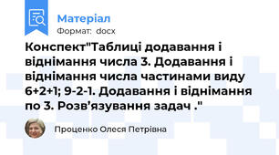 Конспект"Таблиці додавання і віднімання числа 3. Додавання і віднімання числа частинами виду 6+2+1; 9-2-1. Додавання і віднімання  по 3. Розв’язування задач ."