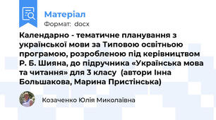 Календарно - тематичне планування з української мови за Типовою освітньою програмою, розробленою під керівництвом Р. Б. Шияна, до підручника «Українська мова та читання» для 3 класу  (автори Інна Большакова, Марина Пристінська)