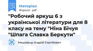 "Робочий аркуш 6 з української літератури для 8 класу на тему "Ніна Бічуя "Шпага Славка Беркути"