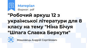 "Робочий аркуш 12 з української літератури для 8 класу на тему "Ніна Бічуя "Шпага Славка Беркути"