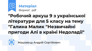 "Робочий аркуш 9 з української літератури для 5 класу на тему "Галина Малик "Незвичайні пригоди Алі в країні Недоладії"