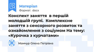 Конспект заняття  в першій молодшій групі.  Комплексне заняття з сенсорного розвиток та ознайомлення з соціумом На тему: «Курочка з курчатами»