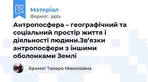 Антропосфера – географічний та соціальний простір життя і діяльності людини.Зв’язки антропосфери з іншими оболонками Землі