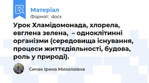 Урок Хламідомонада, хлорела, евглена зелена,  – одноклітинні організми (середовища існування, процеси життєдіяльності, будова, роль у природі).