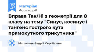 Вправа Так/Ні з геометрії для 8 класу на тему "Синус, косинус і тангенс гострого кута прямокутного трикутника"