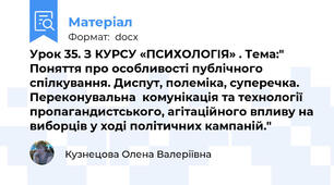 Урок 35. З КУРСУ «ПСИХОЛОГІЯ» . Тема:" Поняття про особливості публічного спілкування. Диспут, полеміка, суперечка. Переконувальна  комунікація та технології пропагандистського, агітаційного впливу на виборців у ході політичних кампаній."