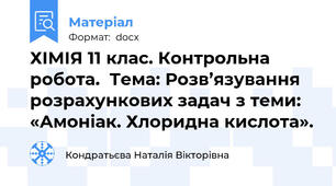 ХІМІЯ 11 клас. Контрольна робота.  Тема: Розв’язування розрахункових задач з теми: «Амоніак. Хлоридна кислота».