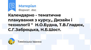 Календарно - тематичне планування з курсу,, Дизайн і технології "  Н.О.Будна, Т.В.Гладюк, С.Г.Заброцька, Н.Б.Шост.