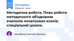 Методична робота. План роботи методичного об'єднання вчителів початкових класів спеціальної школи.