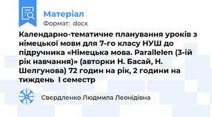 Календарно-тематичне планування уроків з німецької мови для 7-го класу НУШ до підручника «Німецька мова. Parallelen (3-ій рік навчання)» (авторки Н. Басай, Н. Шелгунова) 72 годин на рік, 2 години на тиждень  І семестр