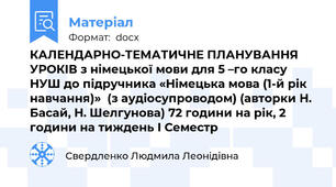 КАЛЕНДАРНО-ТЕМАТИЧНЕ ПЛАНУВАННЯ УРОКІВ з німецької мови для 5 –го класу НУШ до підручника «Німецька мова (1-й рік навчання)»  (з аудіосупроводом) (авторки Н. Басай, Н. Шелгунова) 72 години на рік, 2 години на тиждень І Семестр
