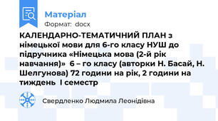 КАЛЕНДАРНО-ТЕМАТИЧНИЙ ПЛАН з німецької мови для 6-го класу НУШ до підручника «Німецька мова (2-й рік навчання)»  6 – го класу (авторки Н. Басай, Н. Шелгунова) 72 години на рік, 2 години на тиждень  І семестр