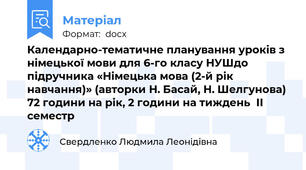 Календарно-тематичне планування уроків з німецької мови для 6-го класу НУШдо підручника «Німецька мова (2-й рік навчання)» (авторки Н. Басай, Н. Шелгунова) 72 години на рік, 2 години на тиждень  ІІ семестр