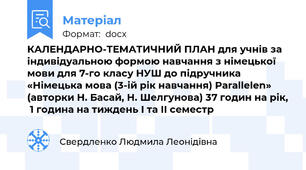 КАЛЕНДАРНО-ТЕМАТИЧНИЙ ПЛАН для учнів за індивідуальною формою навчання з німецької мови для 7-го класу НУШ до підручника «Німецька мова (3-ій рік навчання) Parallelen»  (авторки Н. Басай, Н. Шелгунова) 37 годин на рік,  1 година на тиждень І та ІІ семестр