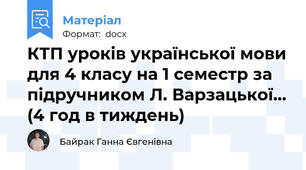 КТП уроків української мови для 4 класу на 1 семестр за підручником Л. Варзацької... (4 год в тиждень)